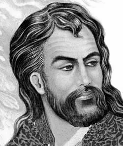 Black-and-white painted portrait of Hafez